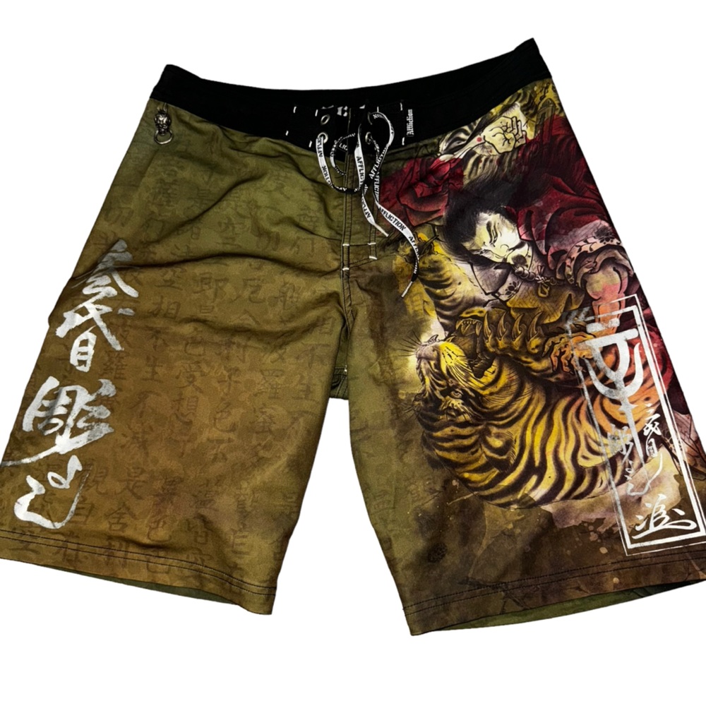 Affliction Mens Swim Trunks 36 Green Black Skull Stretch Tiger Board Shorts B95